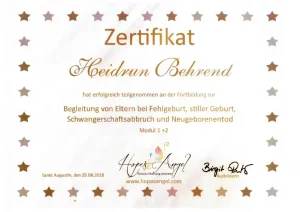 Urkunde Hope´s Angel über die Fortbildung „Begleitung von Eltern bei Fehlgeburten, stiller Geburt, Schwangerschaftsabbruch und Neugeborenentod“
